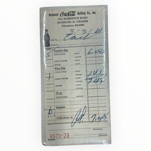 1964 Richmond Coca-Cola Bottling Co Receipt Virginia‎ Soda Invoice